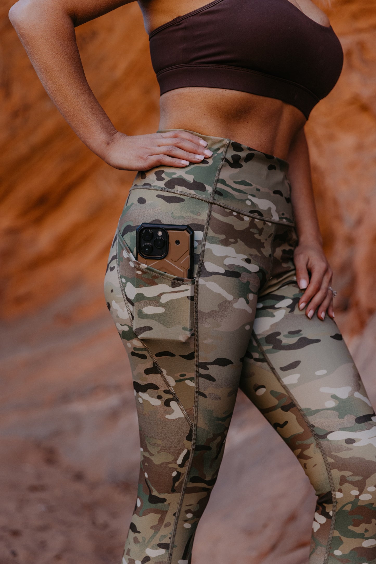 Close-up of women’s camo leggings with side pocket detail and high-rise waistband for functional workout wear